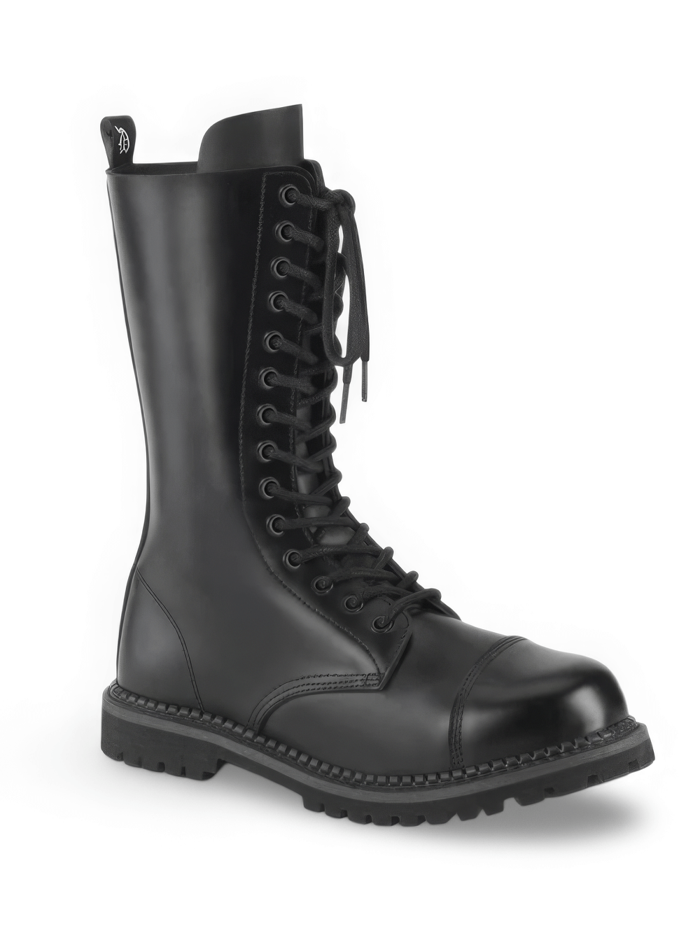 Demonia black steel toe mid-calf lace-up boots with 14-eyelet design, perfect for style and protection.