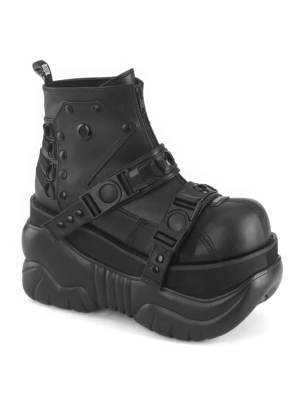 Futuristic black cyberpunk platform ankle boots with buckle straps and zip closure.