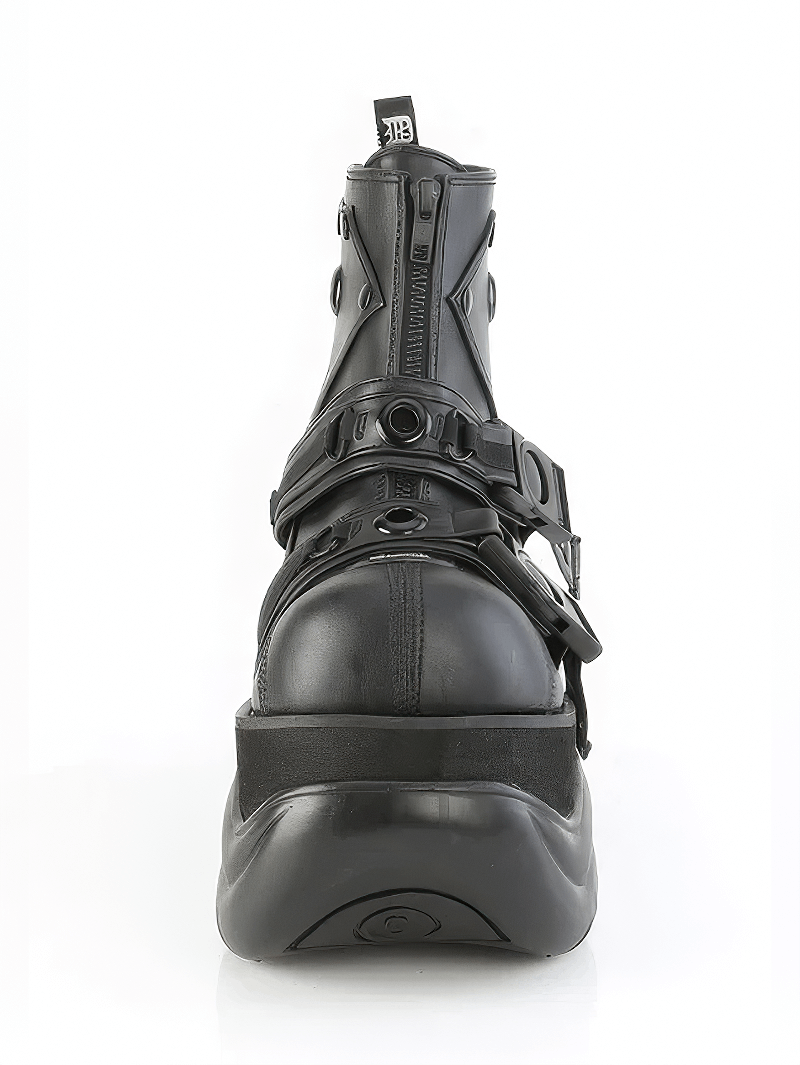 Futuristic Demonia strappy cyberpunk ankle boots with buckles and zip closure from the back.