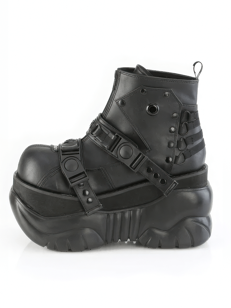 Futuristic Demonia strappy cyberpunk ankle boots with platform and buckles.