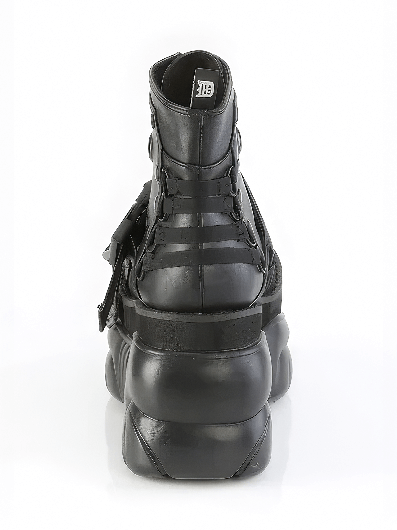 Back view of DEMONIA strappy cyberpunk platform ankle boots with buckle straps and unique corset-style heel.
