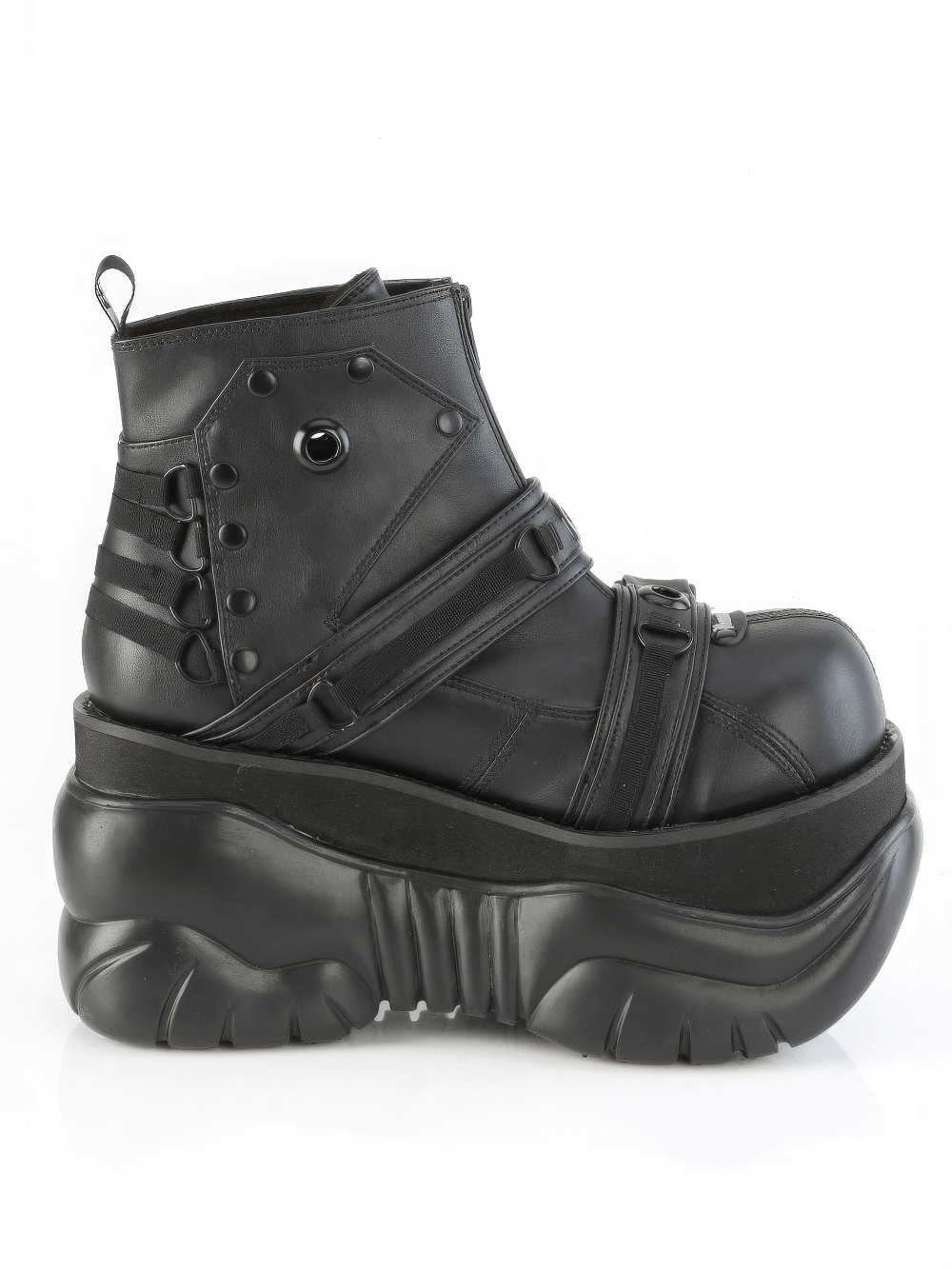 Futuristic Demonia strappy cyberpunk platform ankle boots with buckles and a robust platform.
