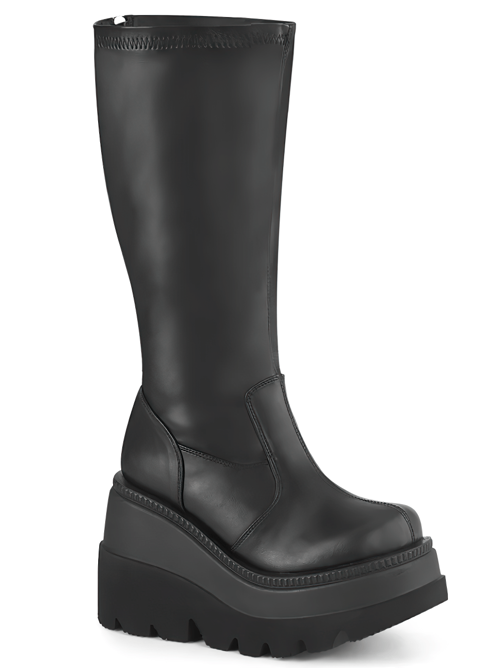 Demonia black stretch knee-high wedge boots with back zip and wide calf fit for stylish comfort.