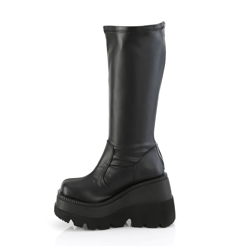 DEMONIA Stretch Knee-High Wedge Boots with Wide Calf Fit