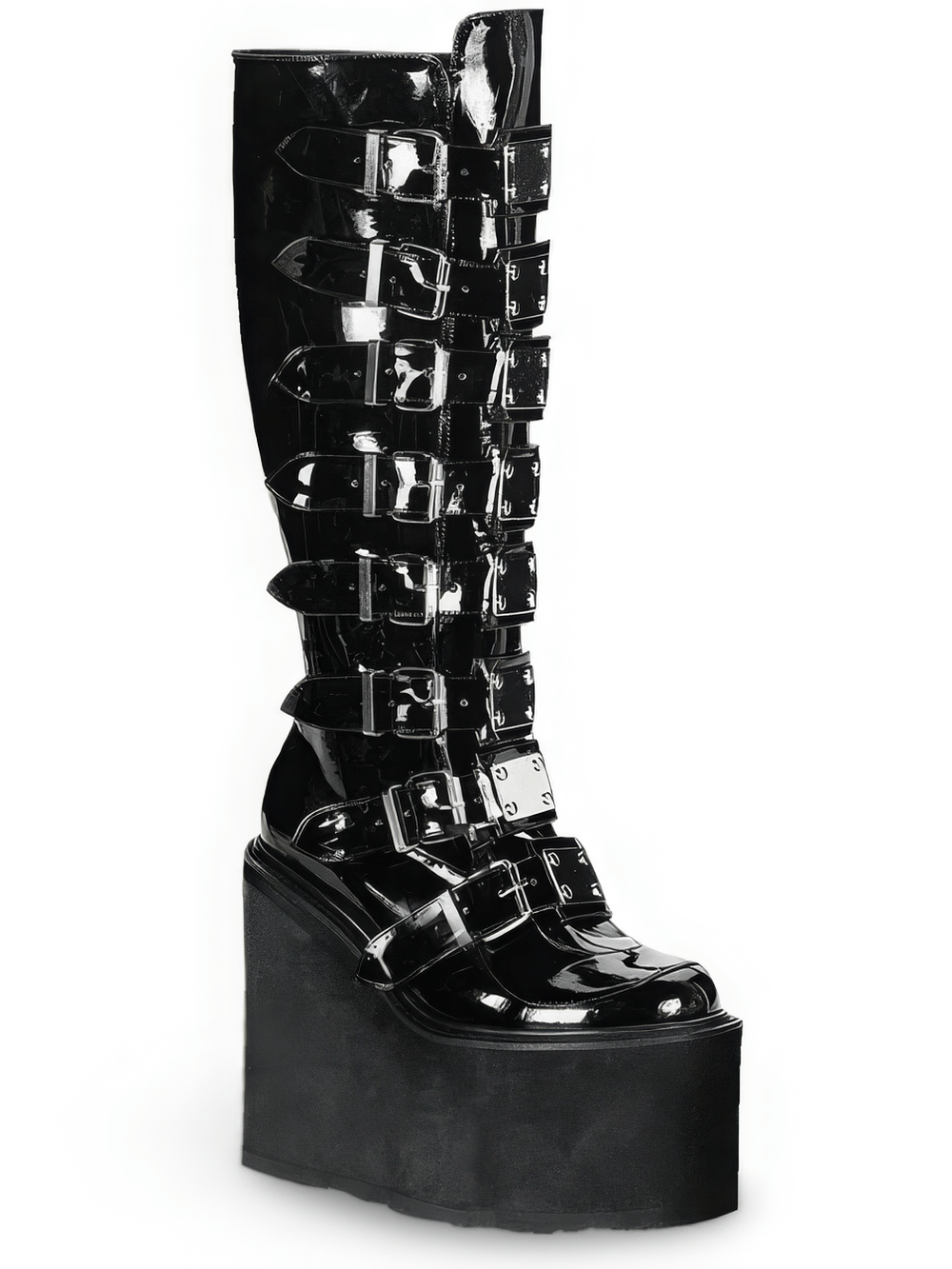 Black knee-high wedge platform boots with metal buckles and a shiny patent finish.