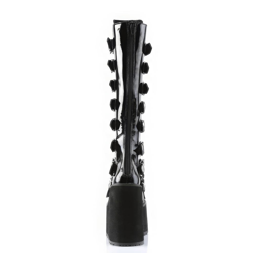 Back view of Demonia black knee-high platform boots with metal buckles and zipper, showcasing edgy fashion style.
