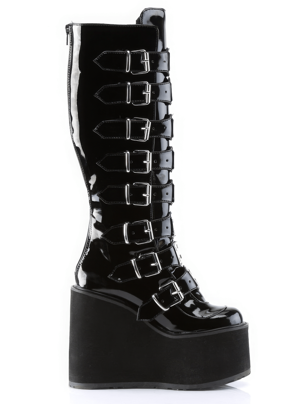 Demonia black knee-high platform boots with metal buckles and back zipper, featuring a striking 5.5 inch wedge.