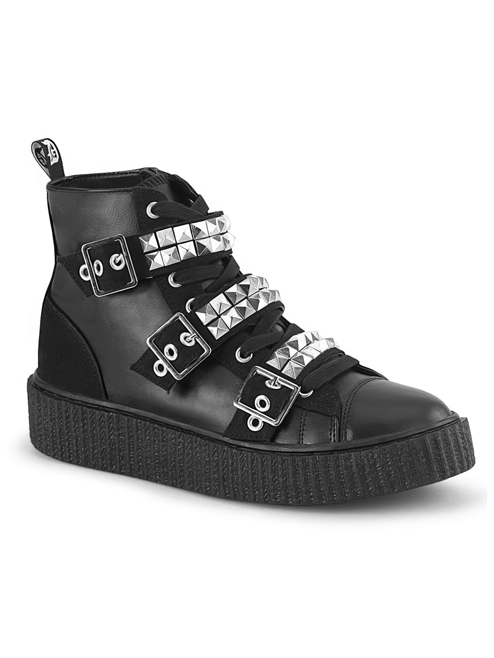DEMONIA Studded High-Top Creeper Sneakers with Buckles