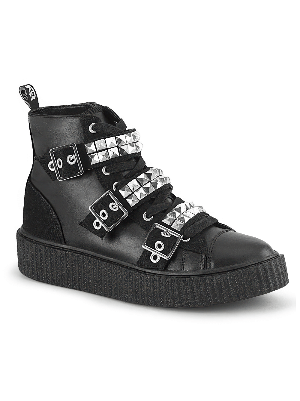 Demonia studded high-top creeper sneakers featuring pyramid studs and buckle straps in black with a platform sole.