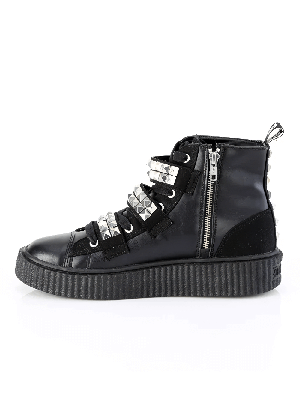 Gothic Demonia studded high-top creeper sneakers with buckles and zipper, featuring 1.5" platform and punk rock style.