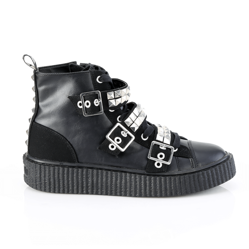 Gothic Demonia studded high-top creeper sneakers with buckles and pyramid studs, perfect for edgy style.