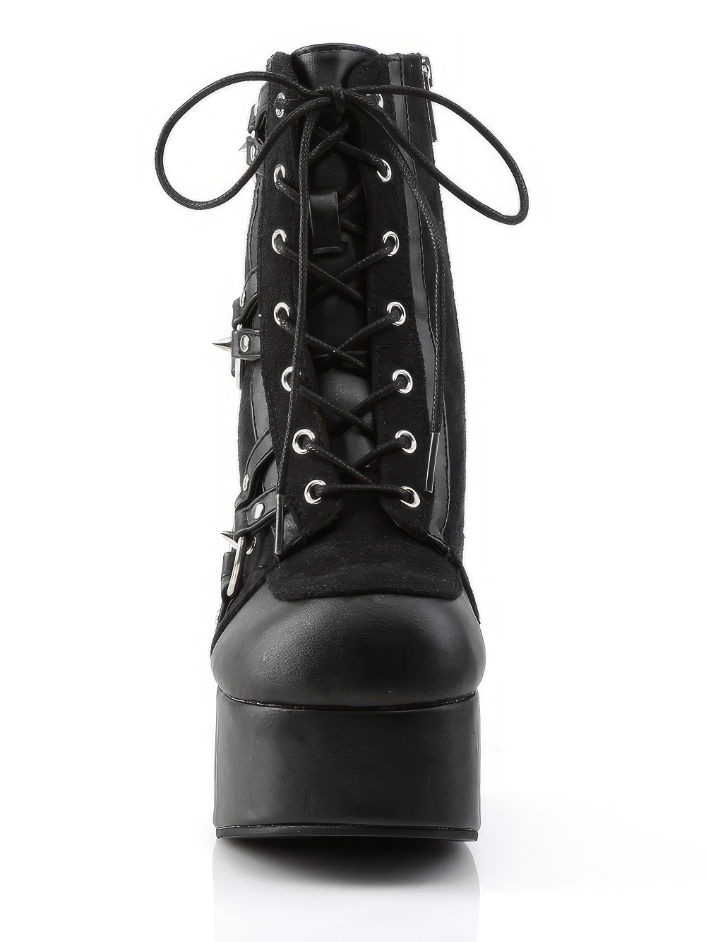 Demonia studded lace-up ankle boots with block heel and zipper, featuring edgy black design and striking O-ring details.