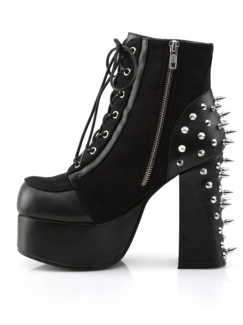 DEMONIA Studded Lace-Up Ankle Boots with Block Heel