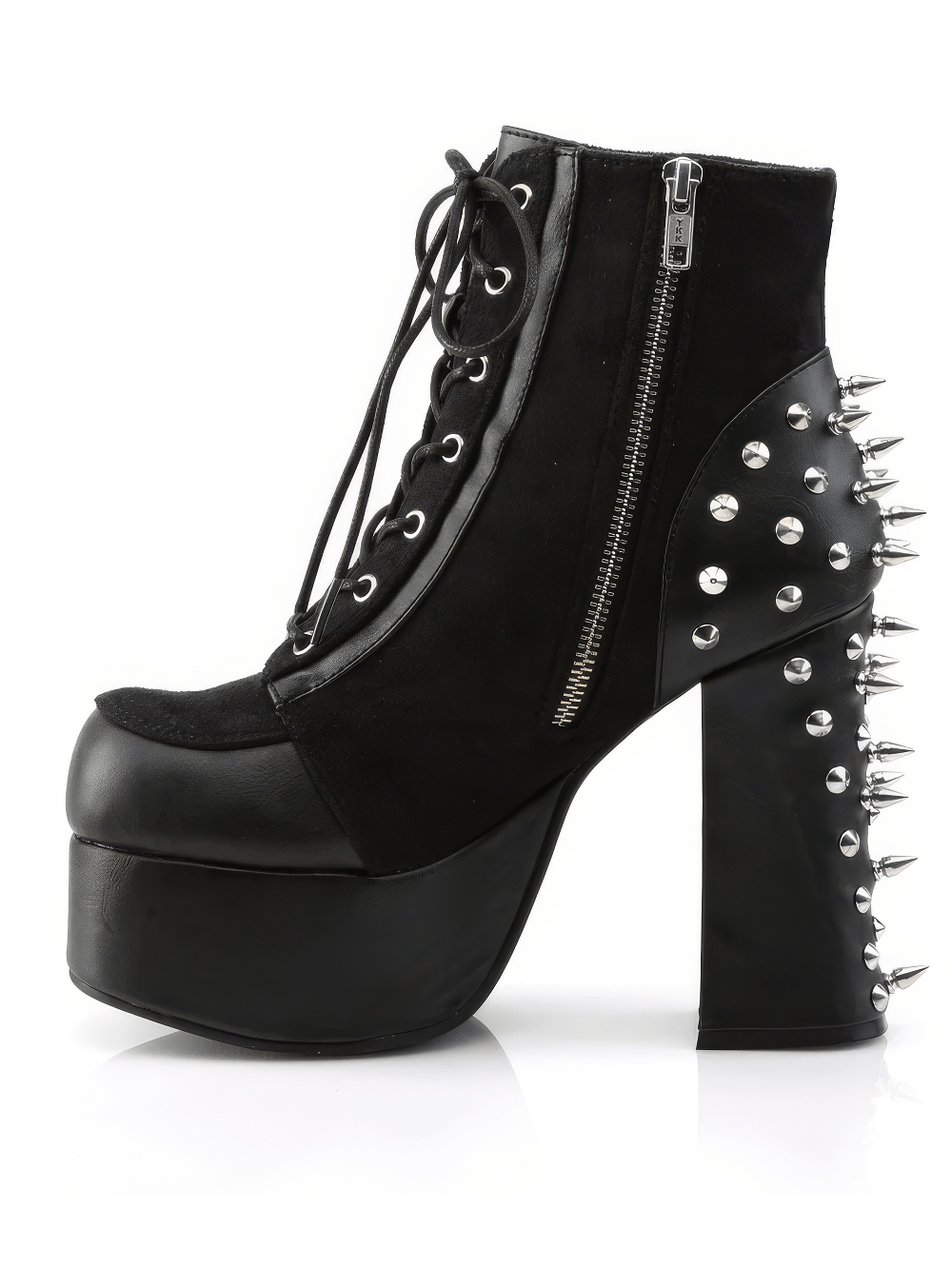 Daring black studded lace-up ankle boots with a block heel and zipper detail, ideal for bold fashion statements.