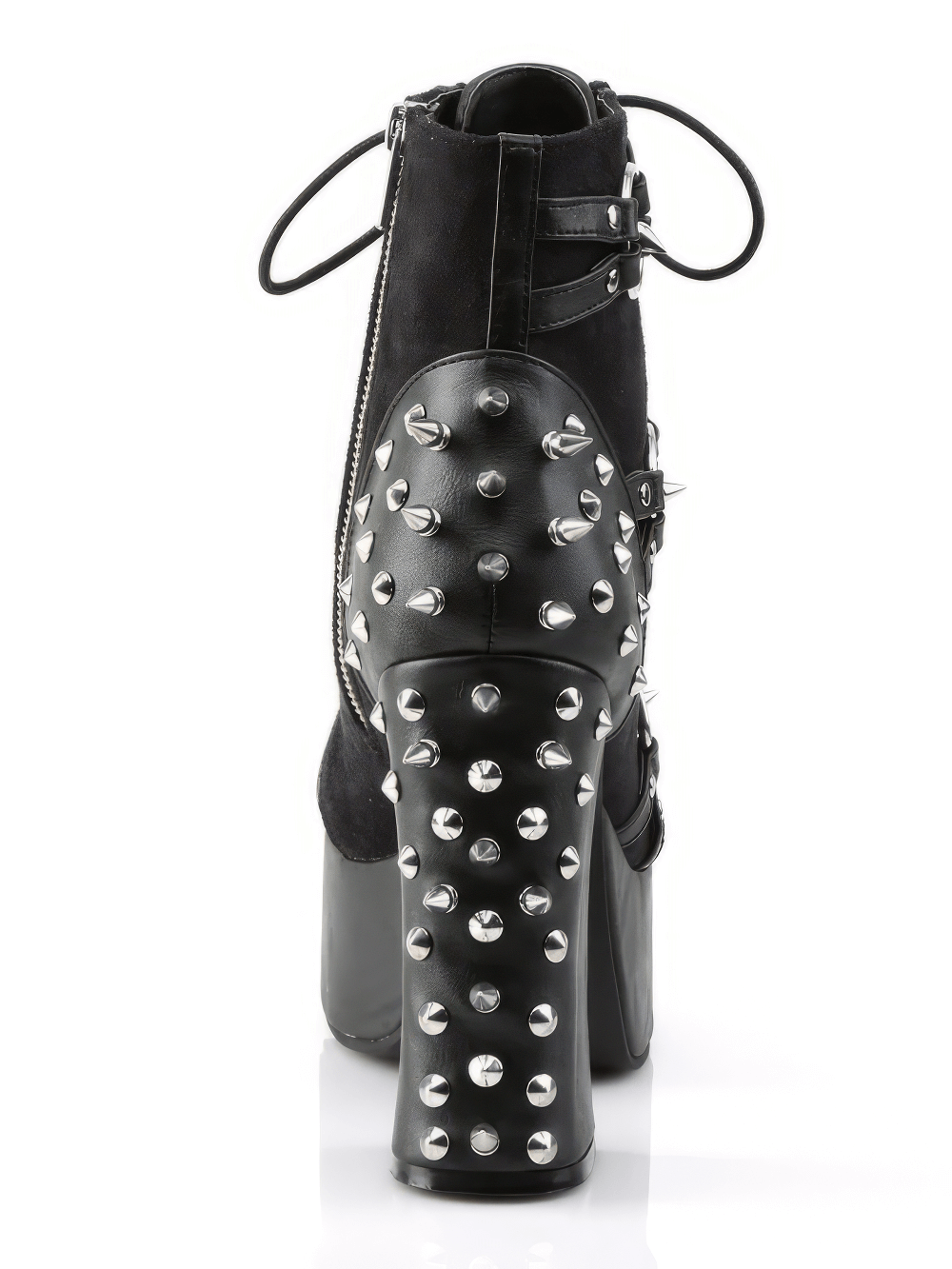 Back view of DEMONIA studded black ankle boots with block heel and O-ring detail, showcasing edgy design and spikes.