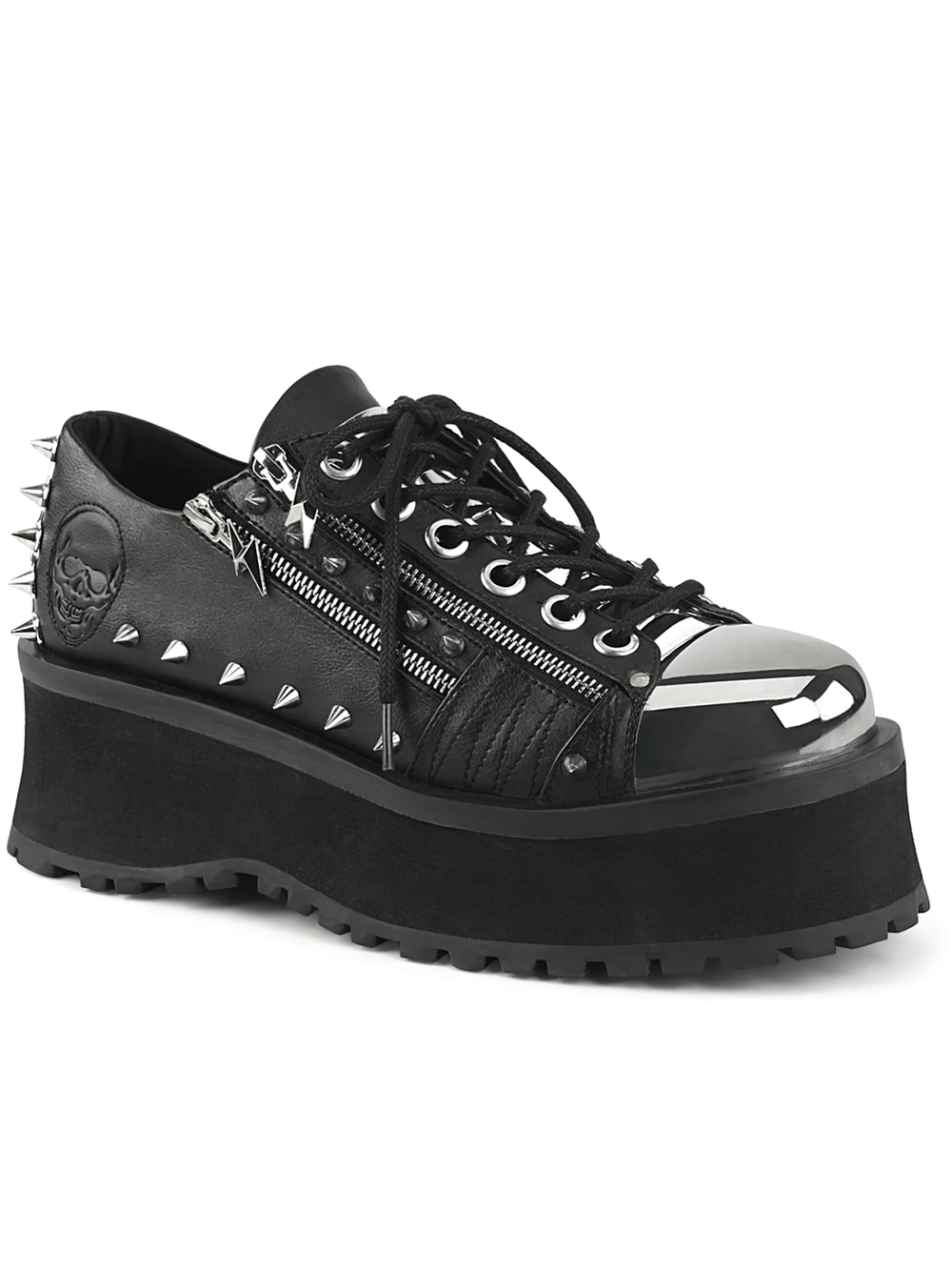 Daring black studded lace-up platform sneakers with metal toe cap and ornamental zippers, perfect for bold fashion.