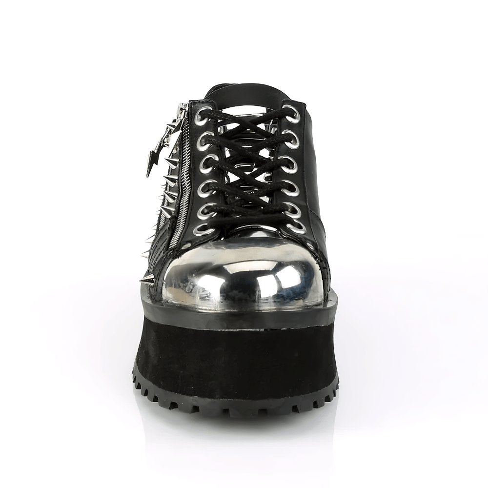 Demonia studded lace-up platform sneakers with metal toe cap and ornamental zippers.