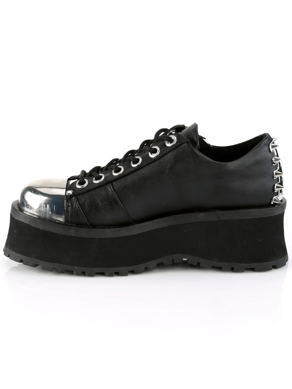 Bold Demonia studded lace-up platform sneakers with shiny metal toe cap and unique double zippers.