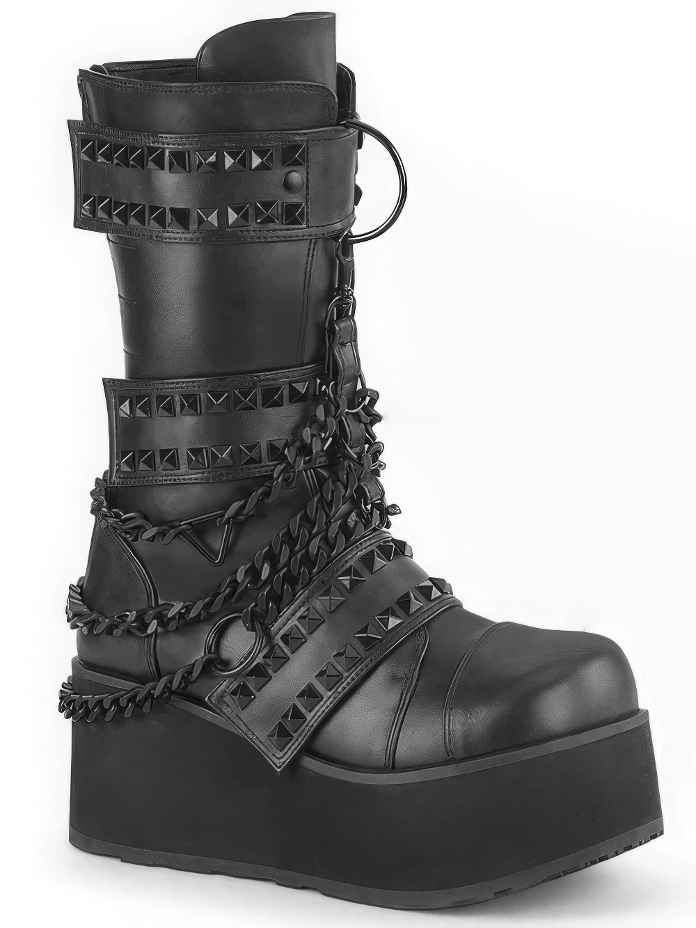 Demonia studded mid-calf boots with cascading chains, pyramid studs, and a bold platform design.