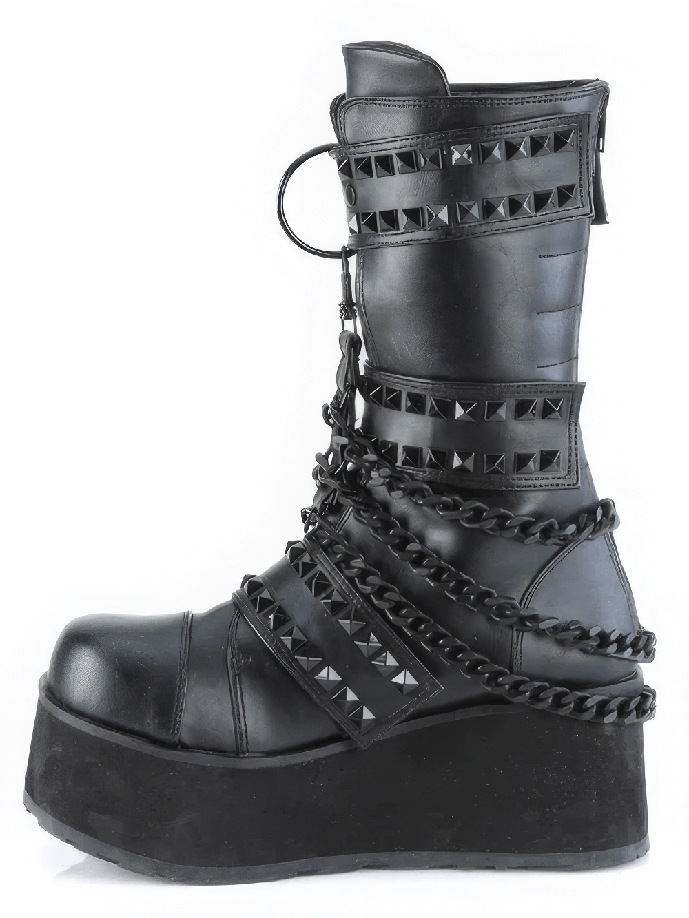 DEMONIA Studded Mid-Calf Boots with Cascading Chain Details