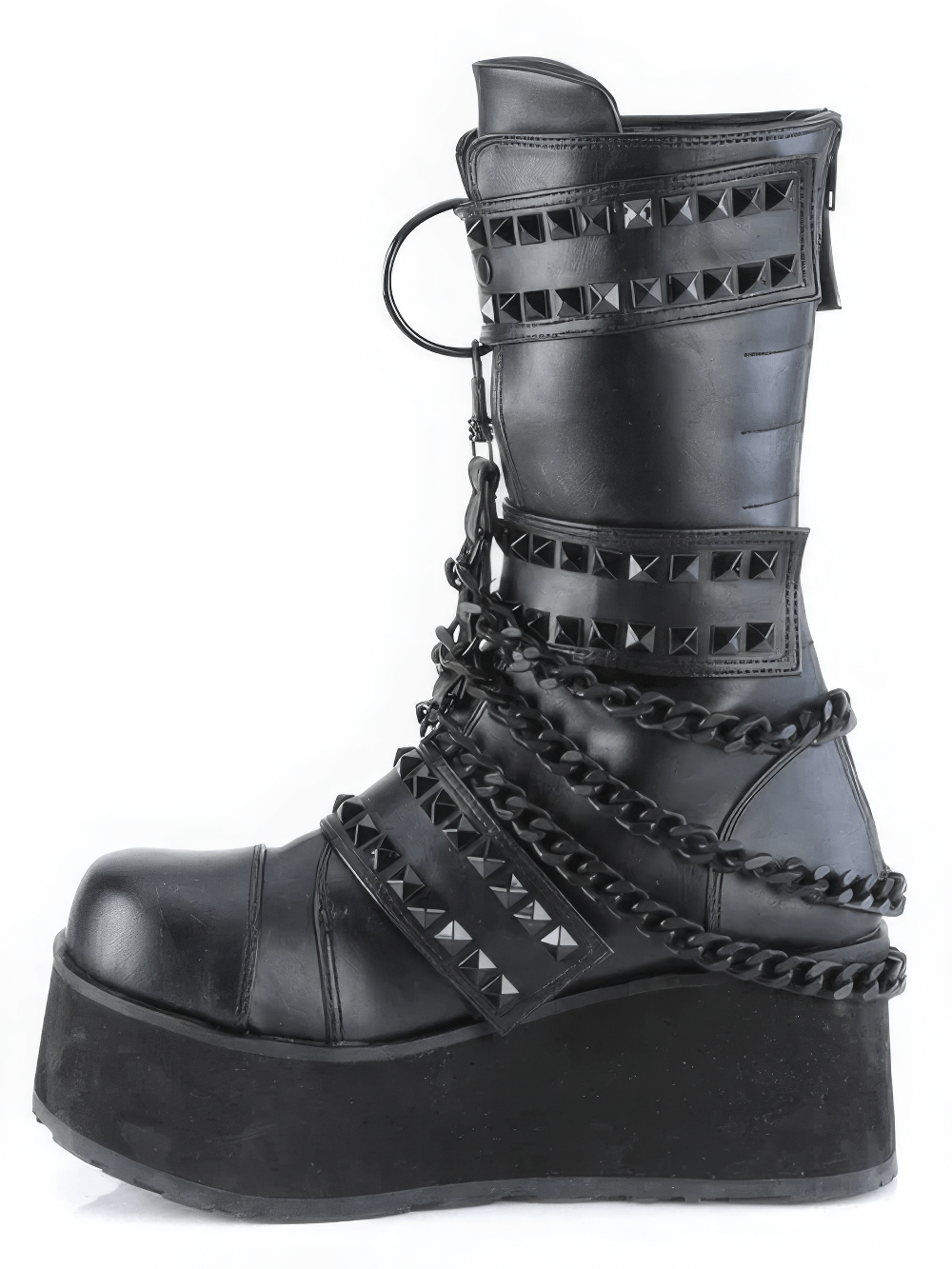 Demonia studded mid-calf boots featuring cascading chains and pyramid studs, perfect for bold styles.