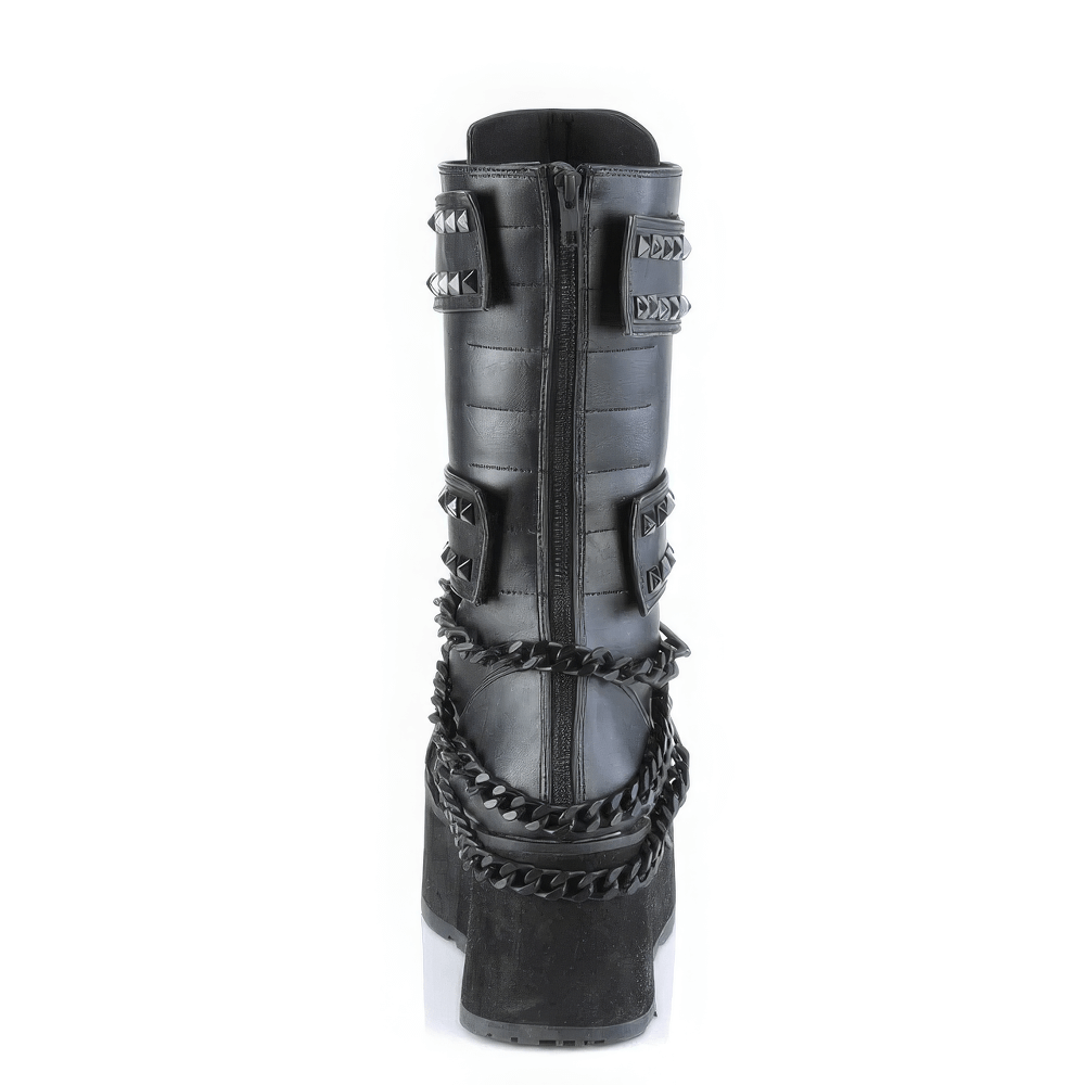 Rebel DEMONIA mid-calf boots in black vegan leather with pyramid studs and cascading chain detail.