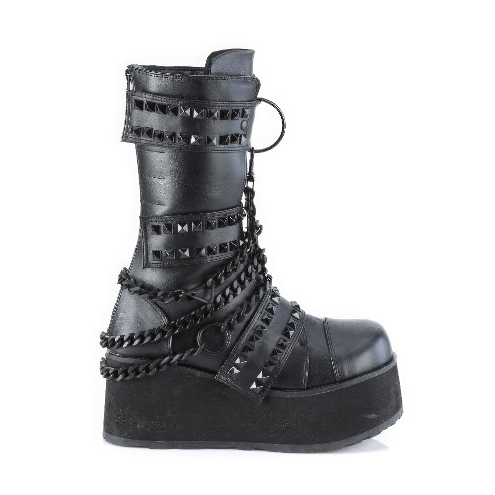 Demonia studded mid-calf boots with chain details and high platform for a bold, edgy look.