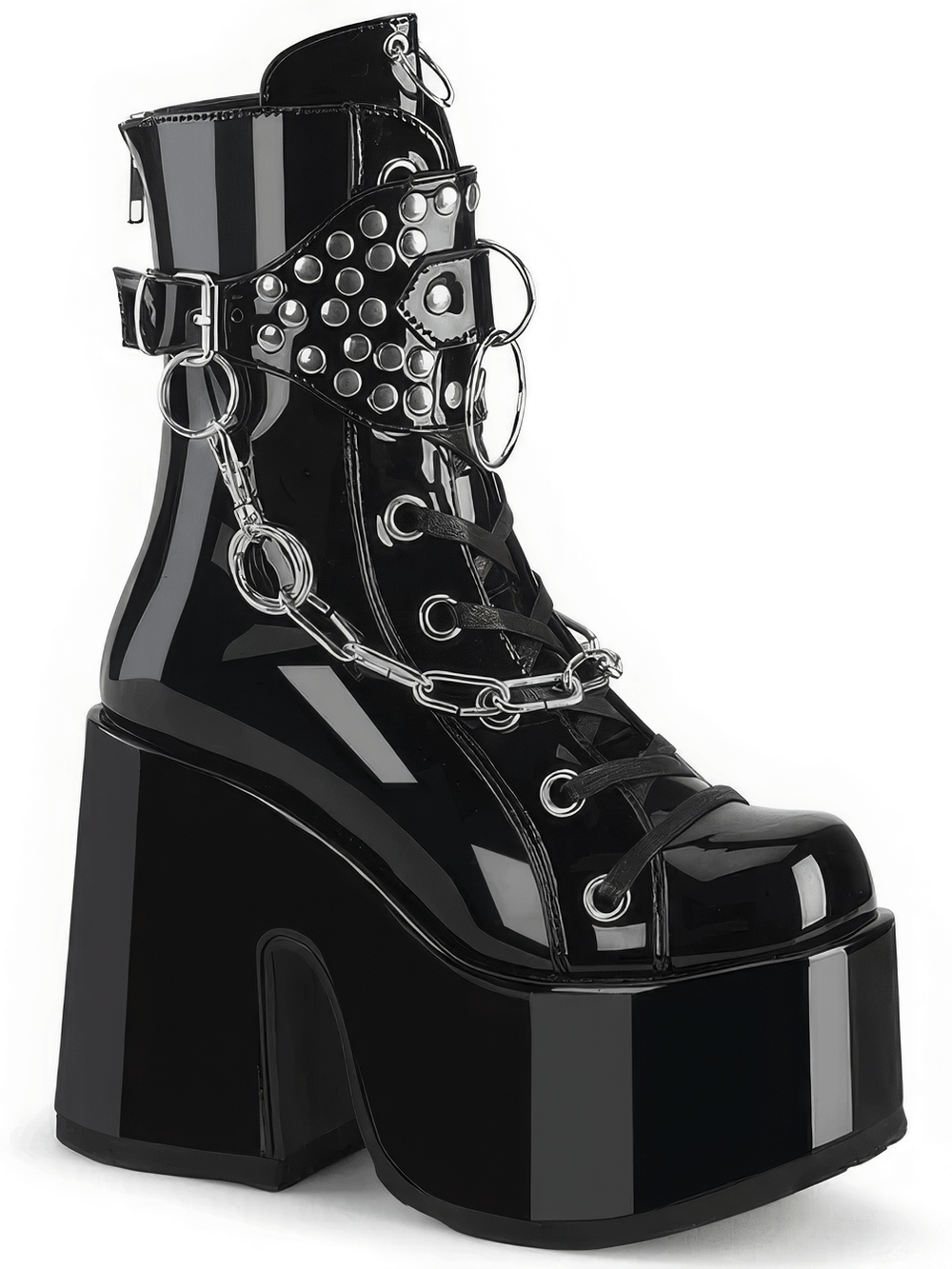 Demonia studded mid-calf boots with detachable chains and chunky heel for a daring alternative look.
