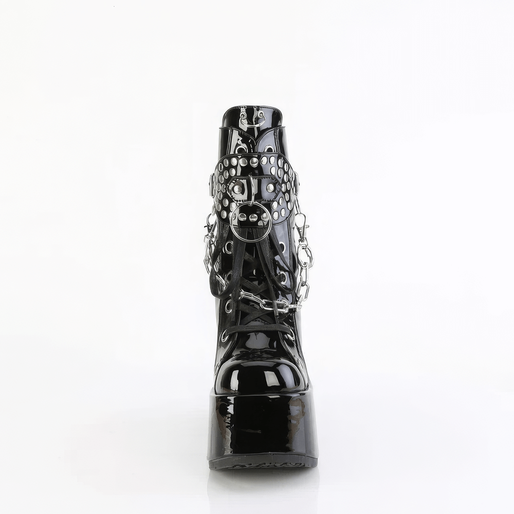 Daring Demonia studded mid-calf boots with detachable chains and chunky heel, perfect for an alternative wardrobe.
