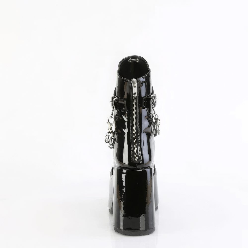 Back view of DEMONIA studded mid-calf boots with detachable chains, featuring a shiny black finish and chunky heel.