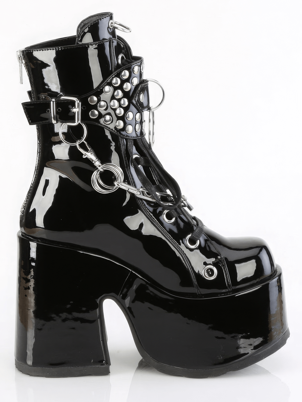 Demonia studded mid-calf lace-up boots with detachable chains and chunky heel for a bold alternative style.
