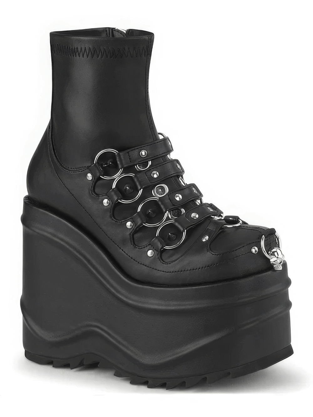 Demonia platform ankle boots with skull detail, spike studs, and o-rings in sleek black vegan leather.