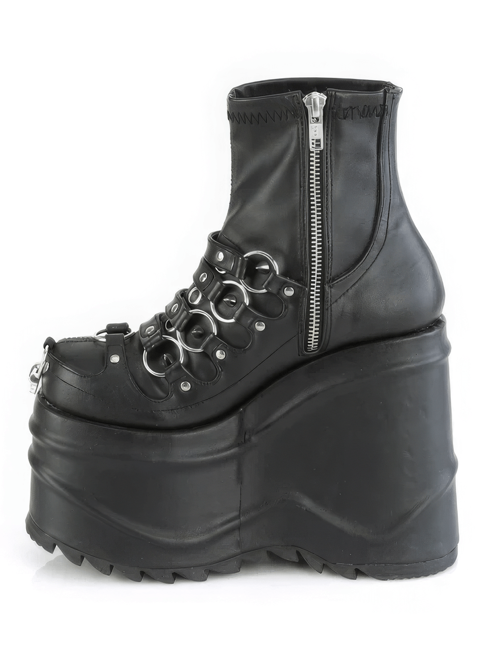 Black studded platform ankle boots with O-rings and zipper, perfect for a bold fashion statement.