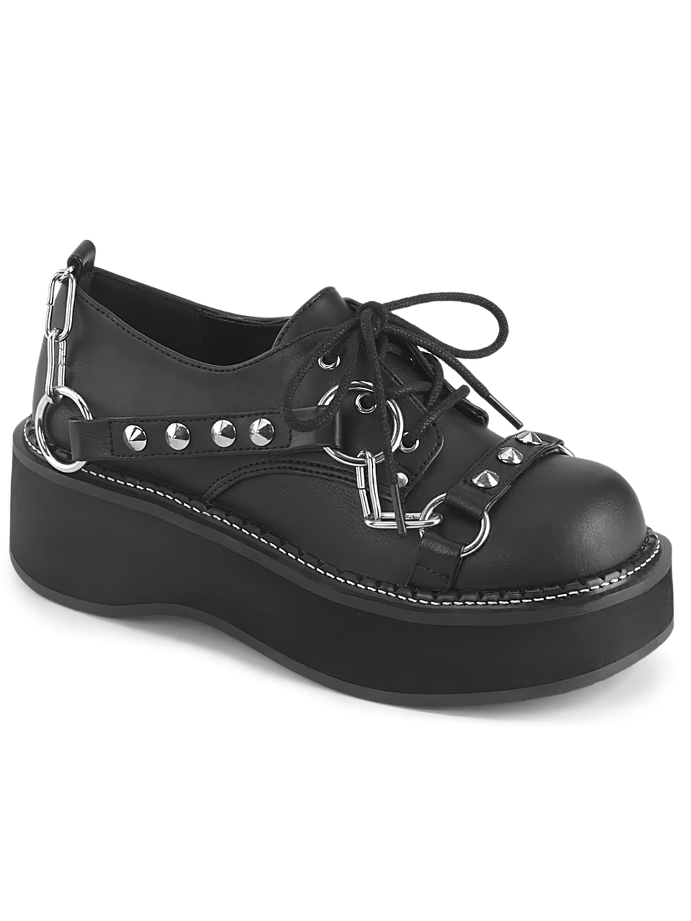 Daring women's platform Oxford shoes with spike studs and chains, featuring a lace-up design and bold 2-inch sole.