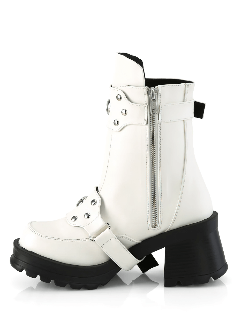 DEMONIA Studded Strap White Ankle Boots with Chunky Heel