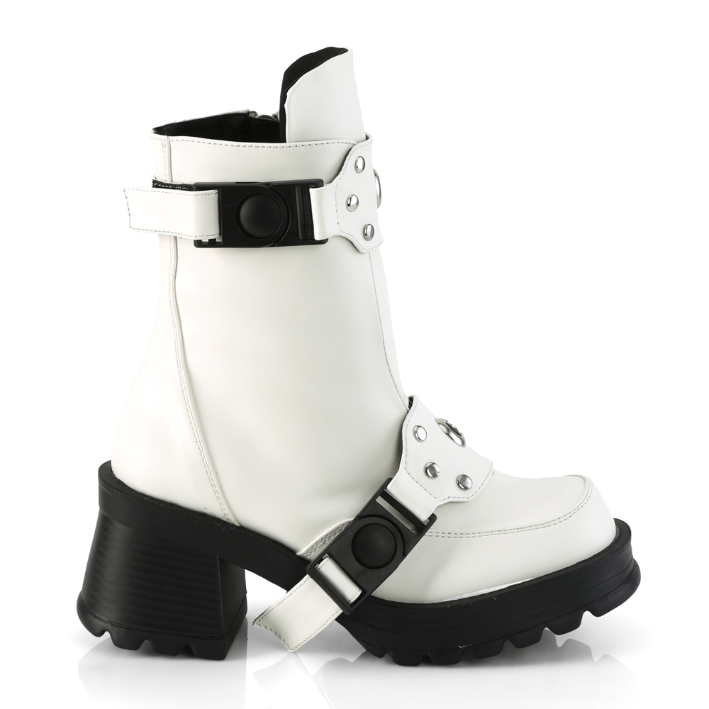 DEMONIA Studded Strap White Ankle Boots with Chunky Heel