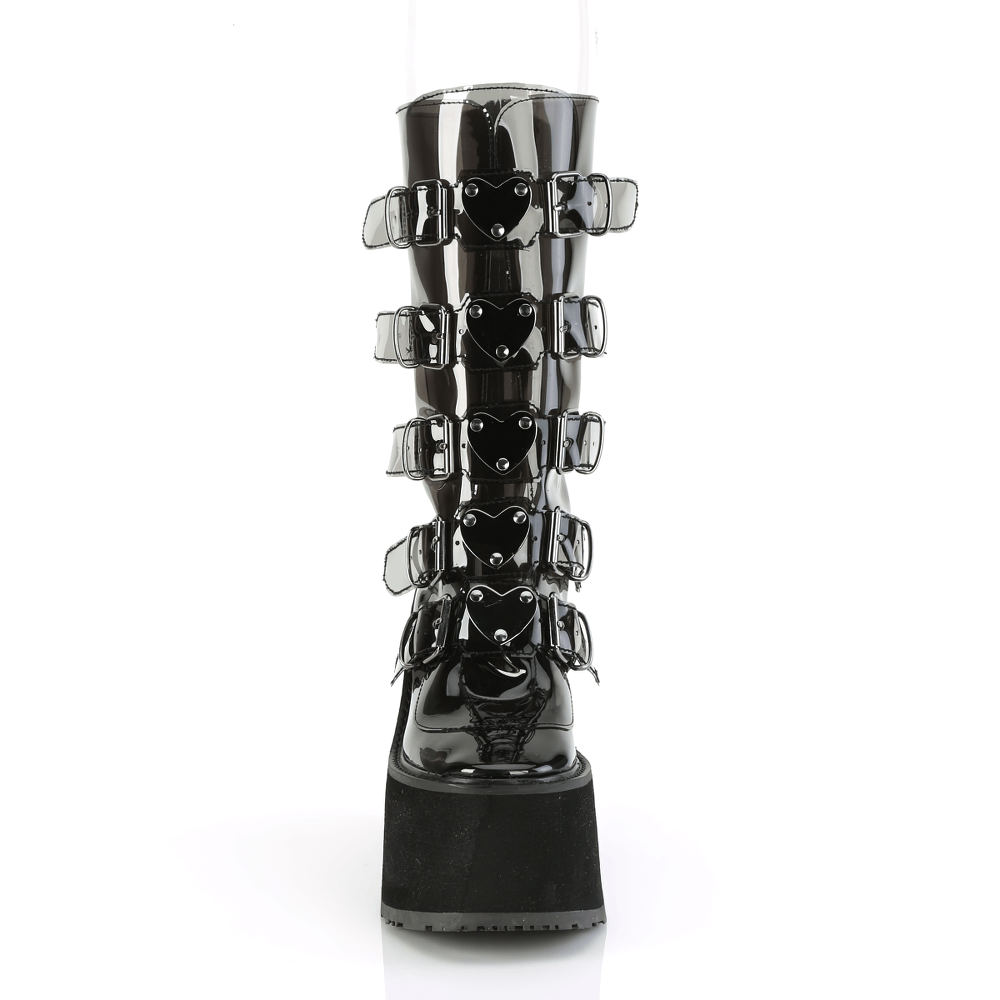 Demonia stylish mid-calf boots with heart buckle straps and a striking platform design.