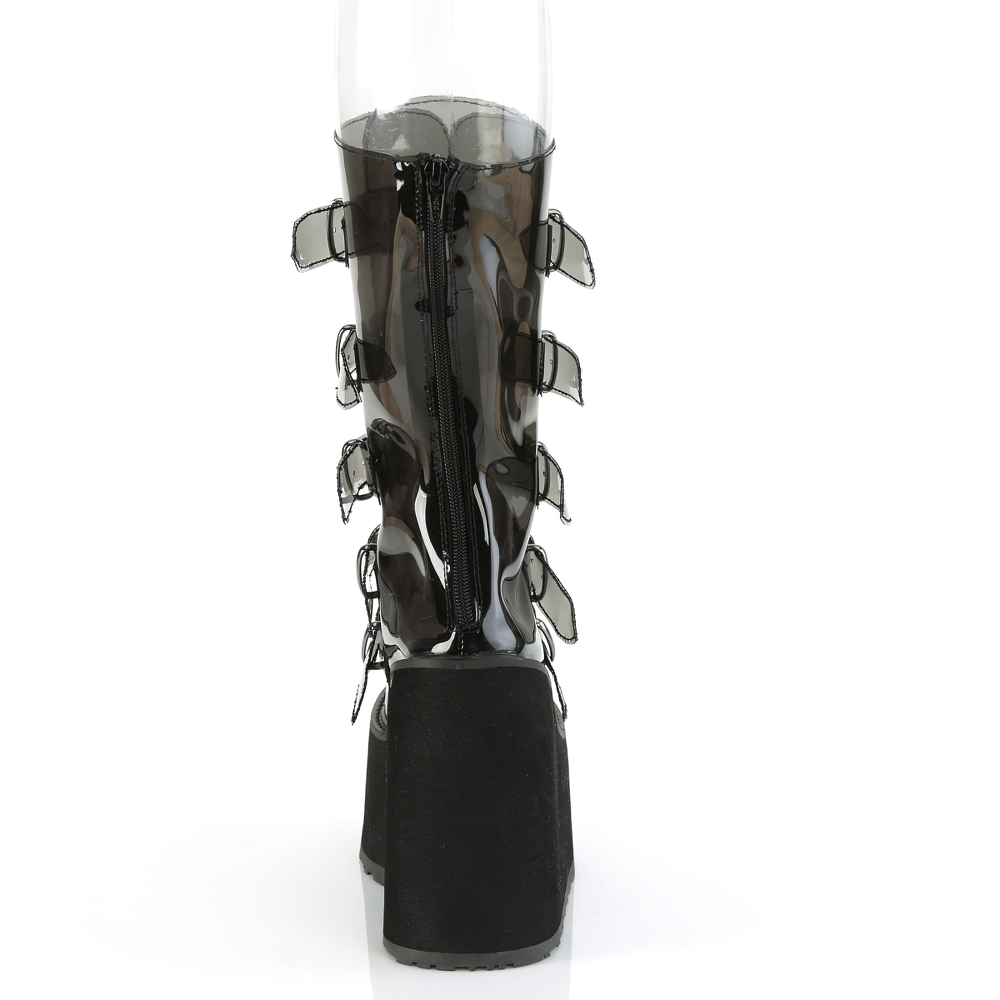 Stylish mid-calf gothic platform boots with heart buckles and back zip closure.