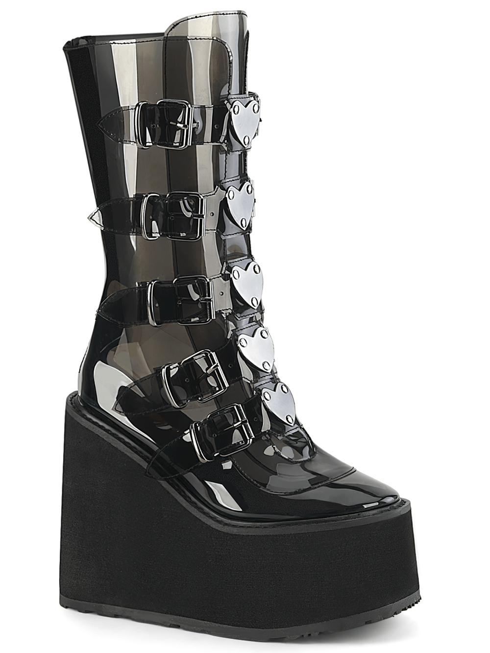 Demonia stylish mid-calf platform boots with heart buckles and transparent TPU design.