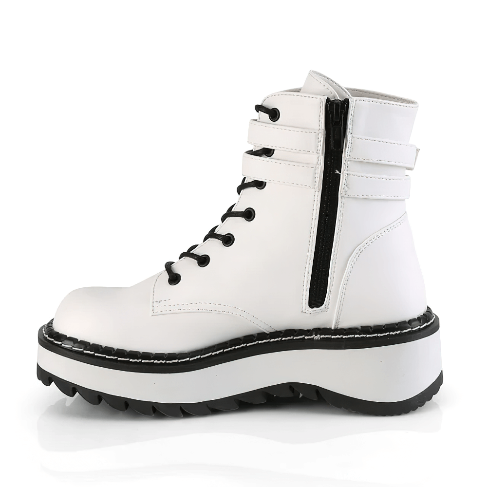 DEMONIA Stylish White Ankle Boots with Double Buckle Straps