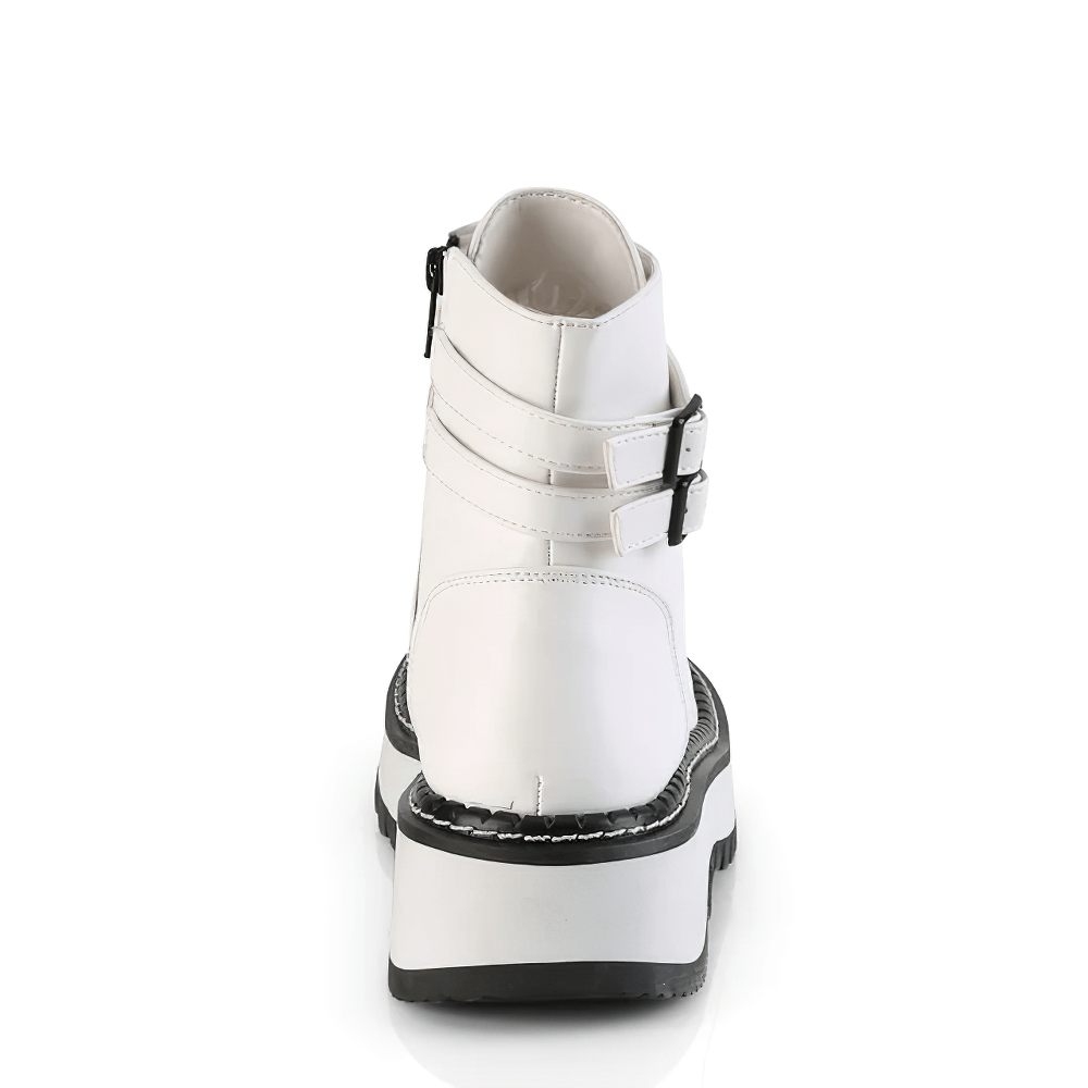 DEMONIA Stylish White Ankle Boots with Double Buckle Straps