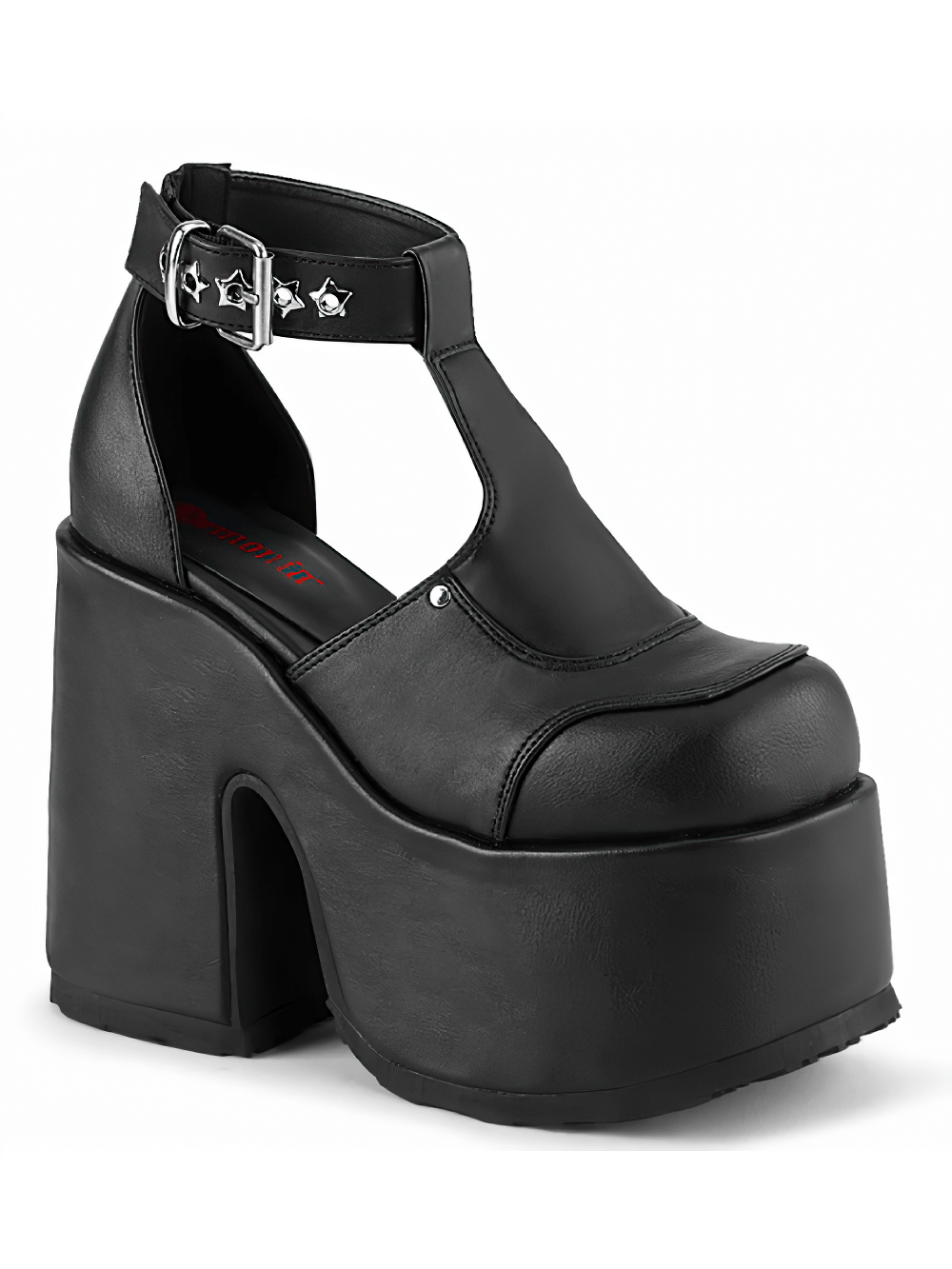 Demonia T-Strap platform shoes with chunky heels and silver star eyelets, perfect for a rocker chic look.