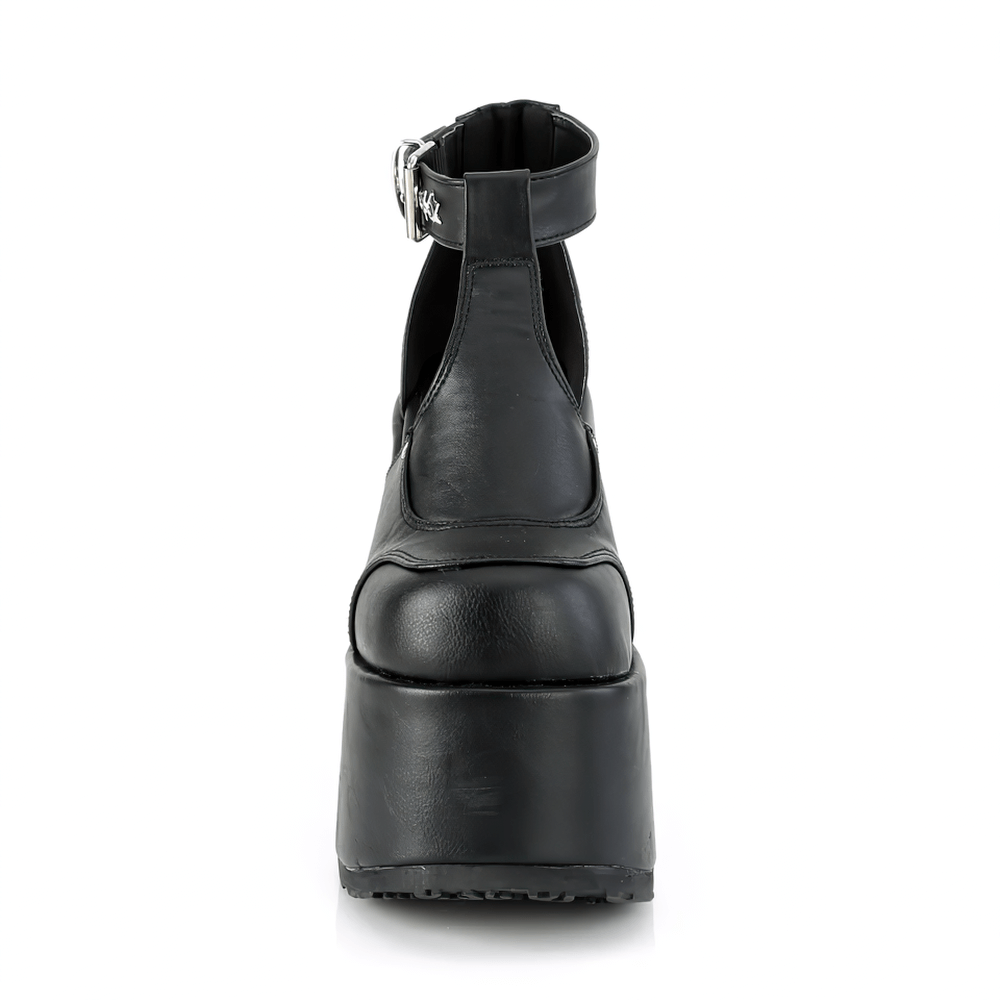 Front view of black vegan leather T-strap shoes with chunky heel and silver buckle.