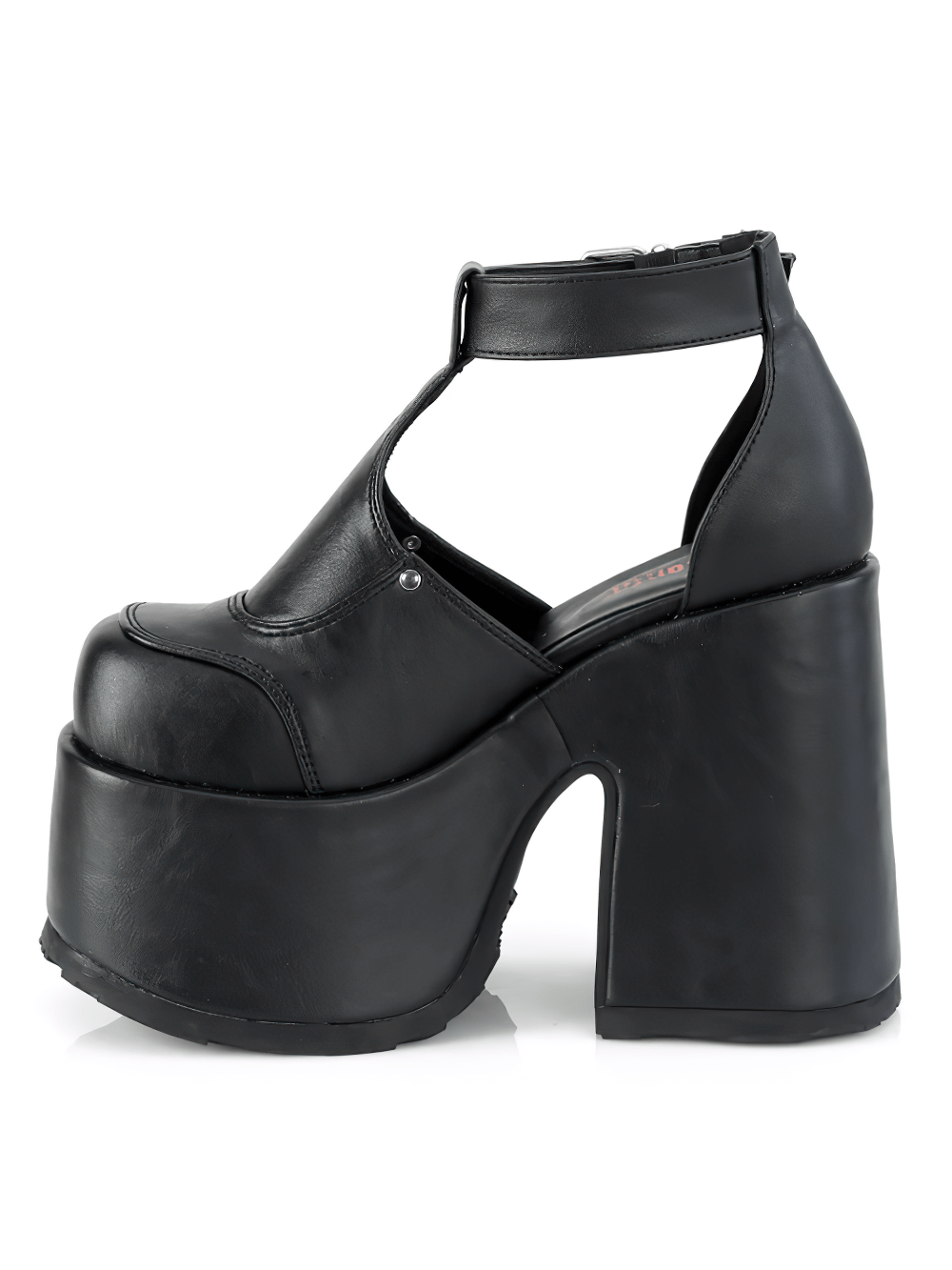 Demonia T-Strap shoes with chunky heels and silver star eyelets, featuring a bold black vegan leather design.