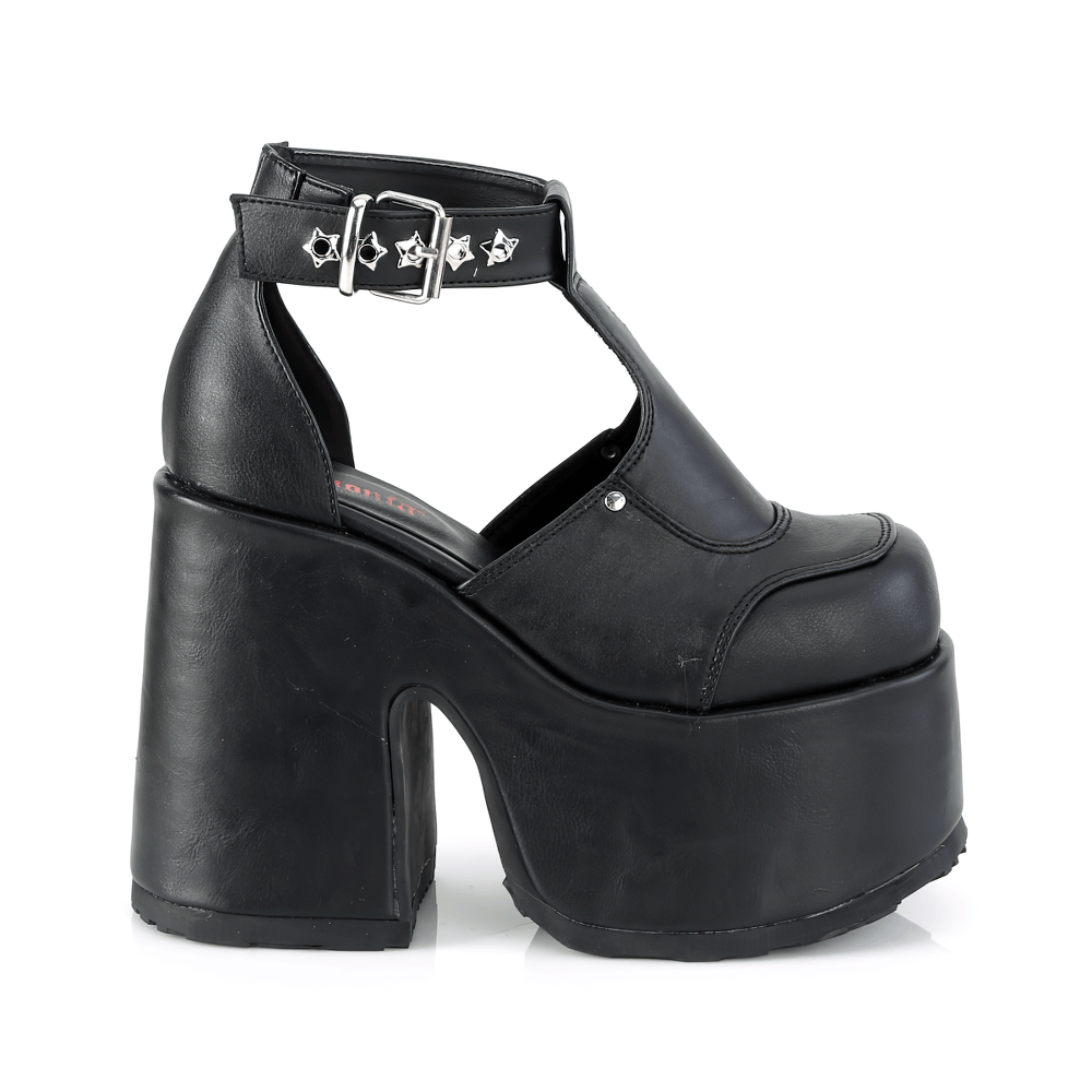 Demonia T-Strap platform shoes with chunky heel and silver star eyelets, perfect for a rocker chic style.
