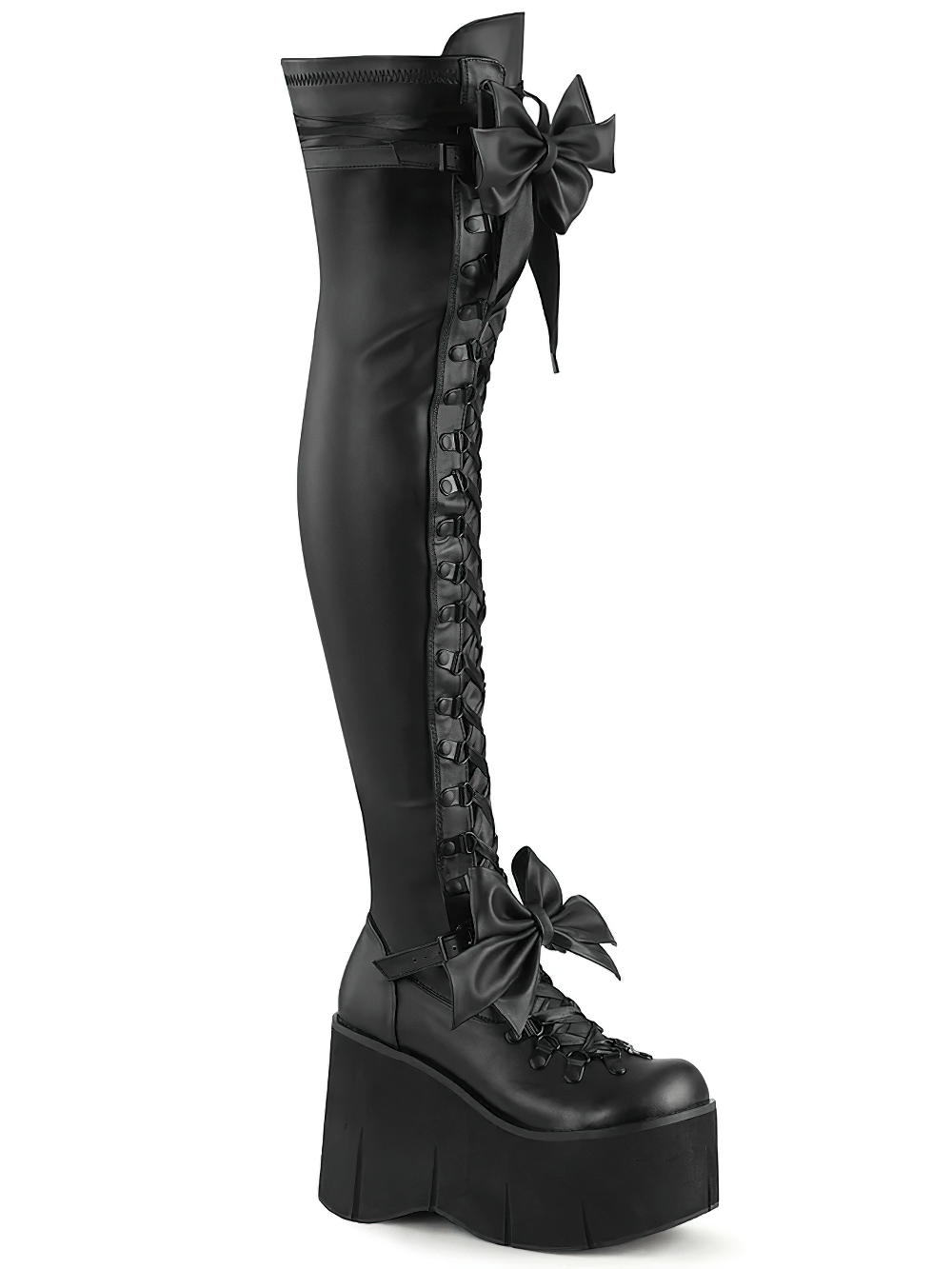 Daring black thigh-high platform boots with removable bows and D-ring laces for an adjustable fit.