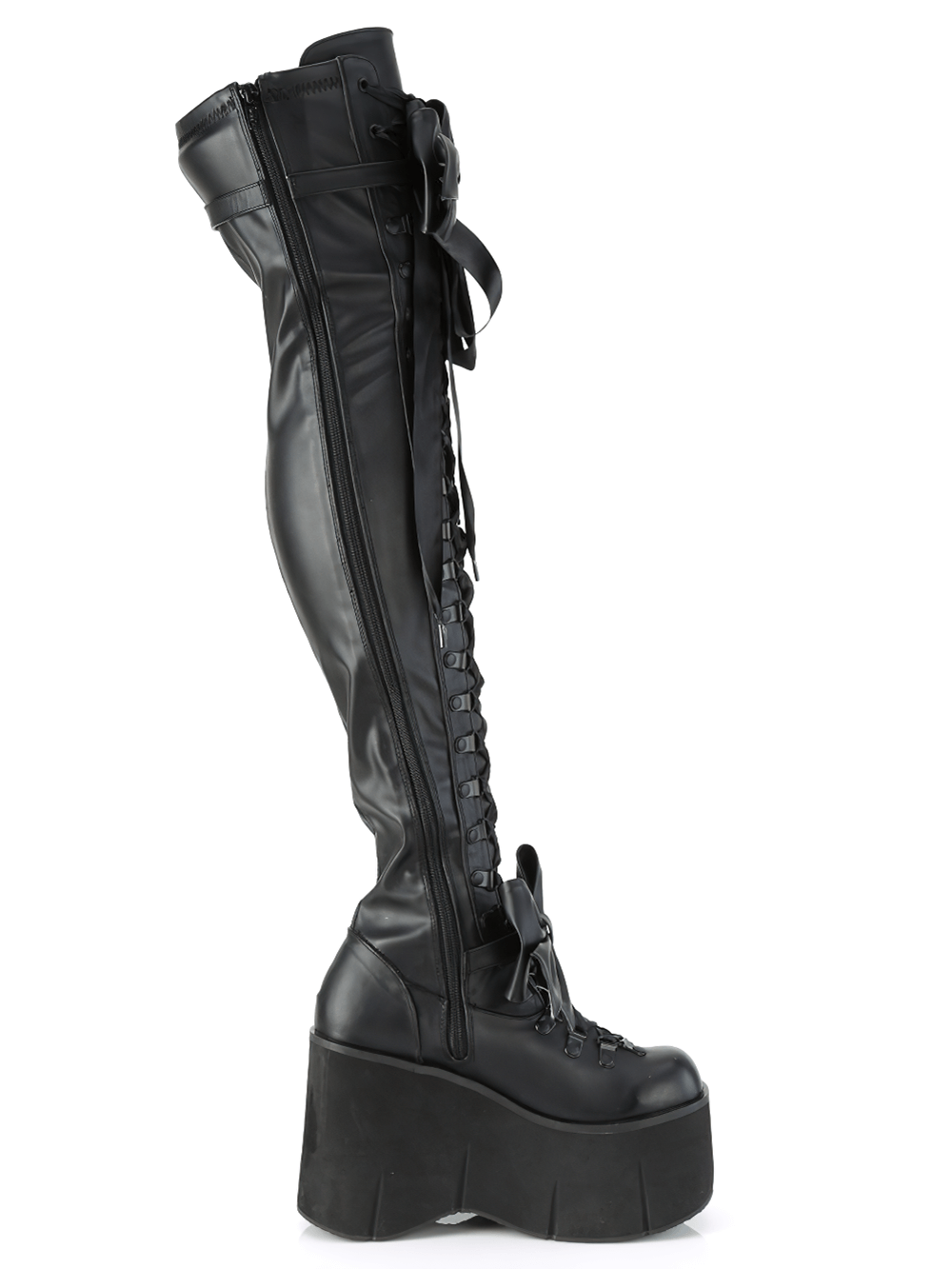 Daring Demonia thigh-high platform boots with removable bows and D-ring laces for an adjustable fit.