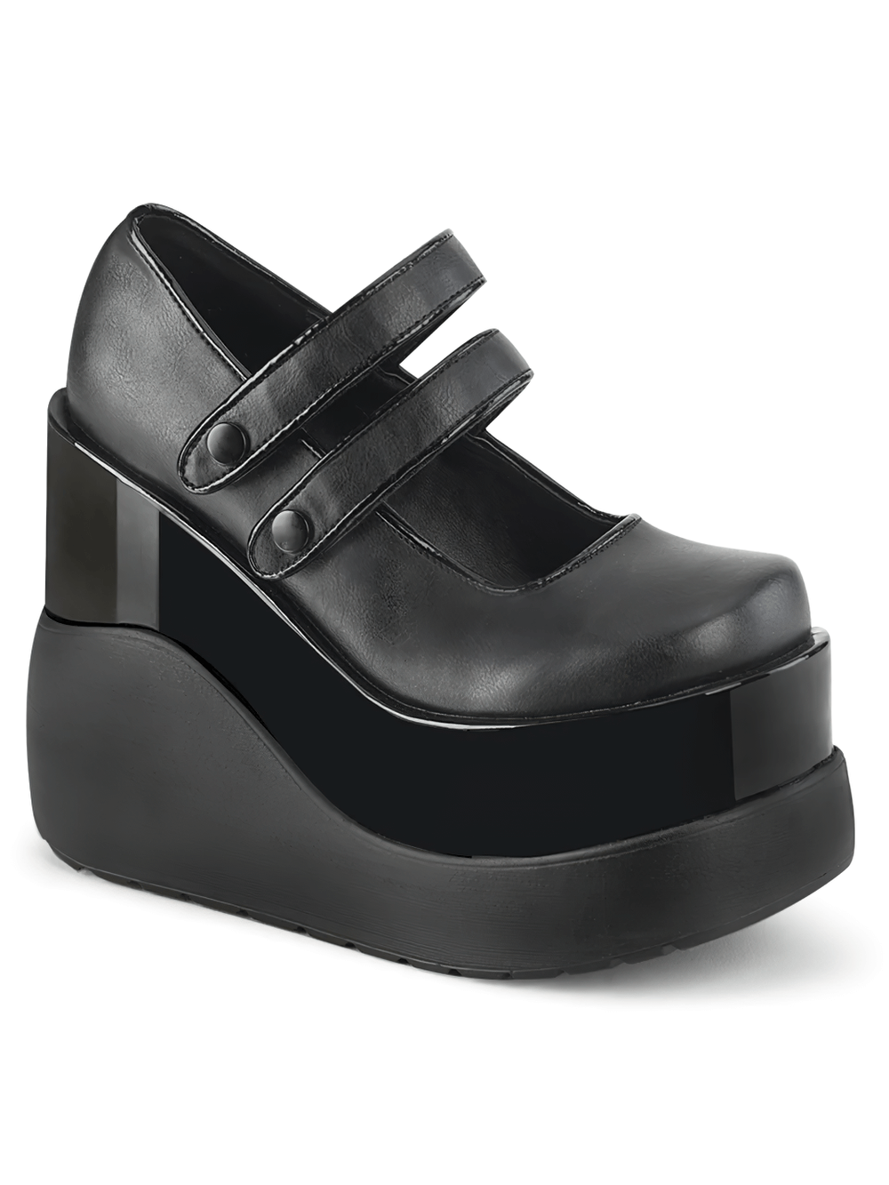 Demonia black patent Mary Jane platform shoes with dual straps and 5-inch tiered wedge heels.
