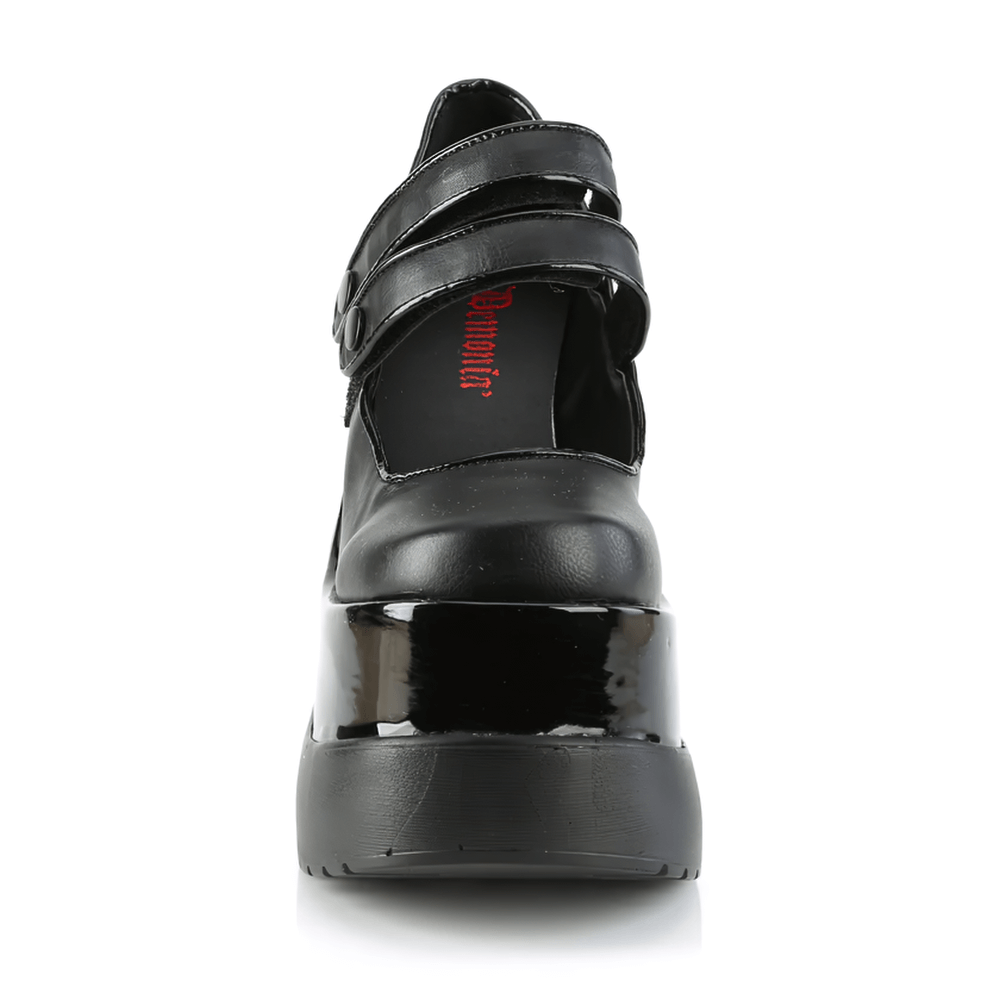 Front view of DEMONIA Tiered Platform Mary Jane Shoes with dual straps and bold 5-inch wedge platform in black patent.