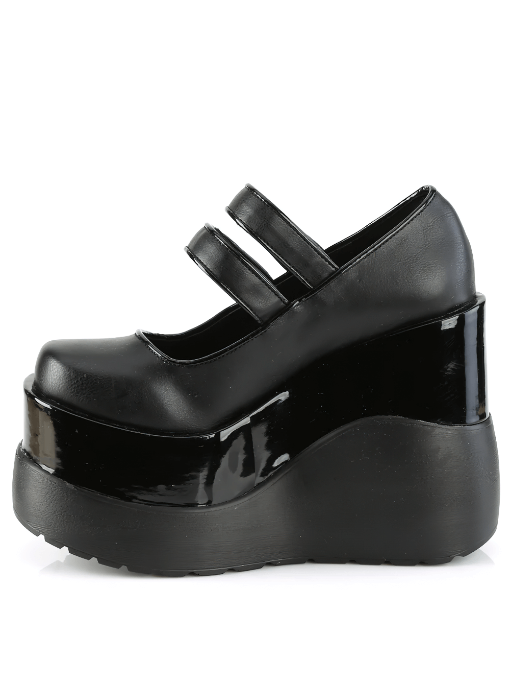 Chic black Demonia Mary Jane shoes with dual straps and 5-inch wedge platform, perfect for edgy elegance.